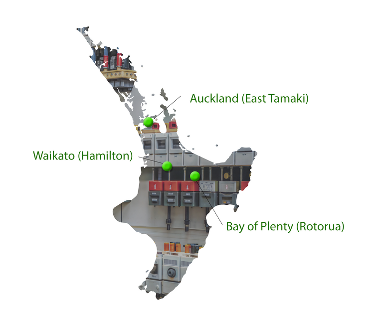 Map of the north island of New Zealand showing locations in Auckland, Waikato and Bay of Plenty
